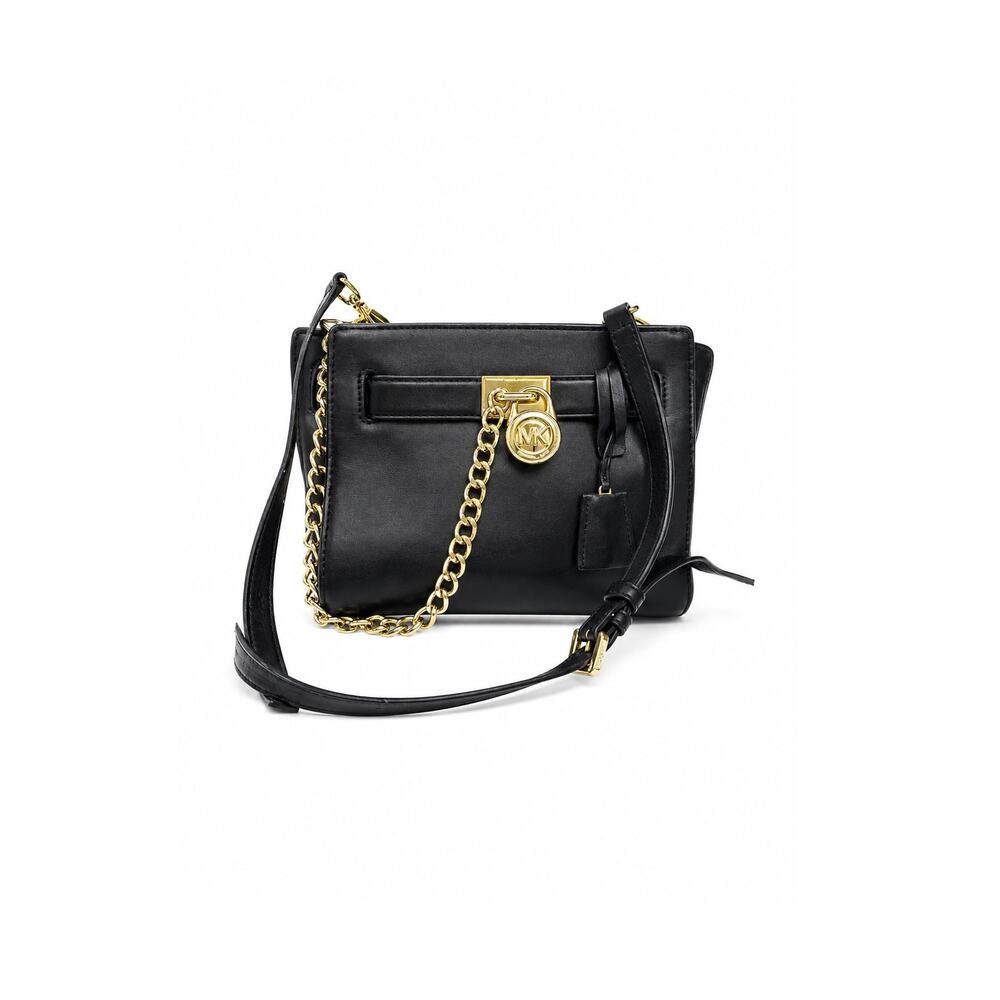 Michael Kors Hamilton Small Black Leather Lock Key Chain Crossbody Satchel Bag